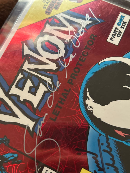 Comic Book: Autographed Venom Lethal Protector #1 (FOIL COVER) - TRIPLE SIGNED by; Sam De La Rosa, Mark Bagley & David Michelinie