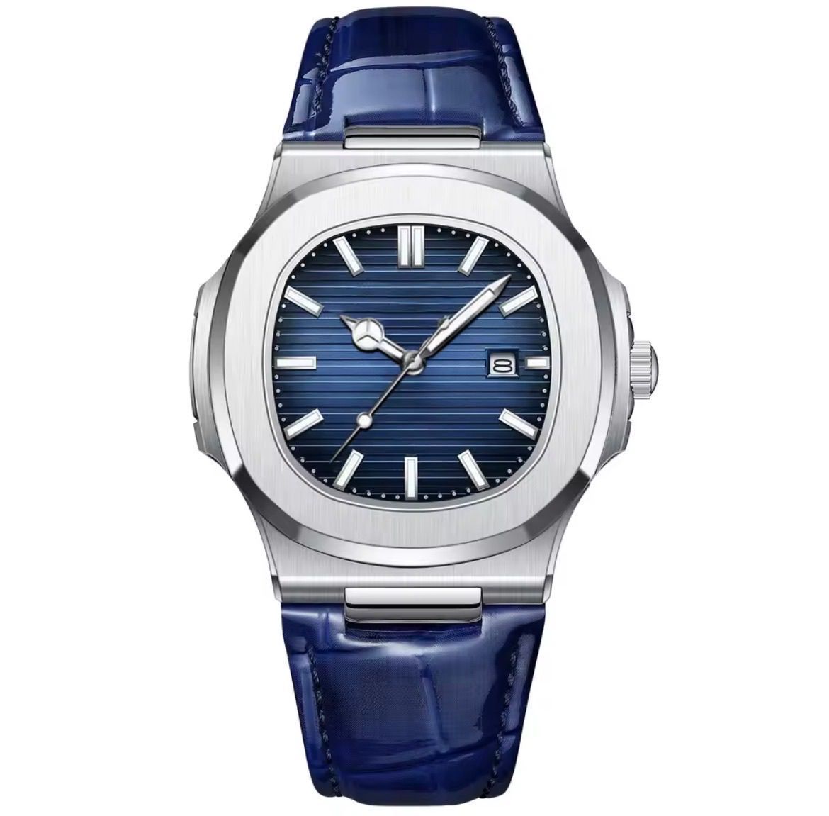 Watch: Unbranded: Steel Watch - Blue Dial w/ Leather Strap (Nautilus Homage)