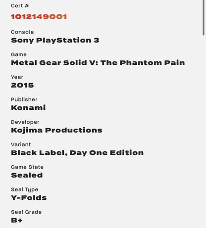 Slab: Video Game -Metal Gear Solid V: The Phantom Pain *Day One Edition* - PS3 - 9.4